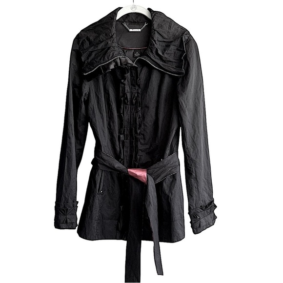 WHBM Ruffle Rain Jacket Belted Rhinestone & Satin Trench Coat Black Pink Size L - Picture 15 of 15